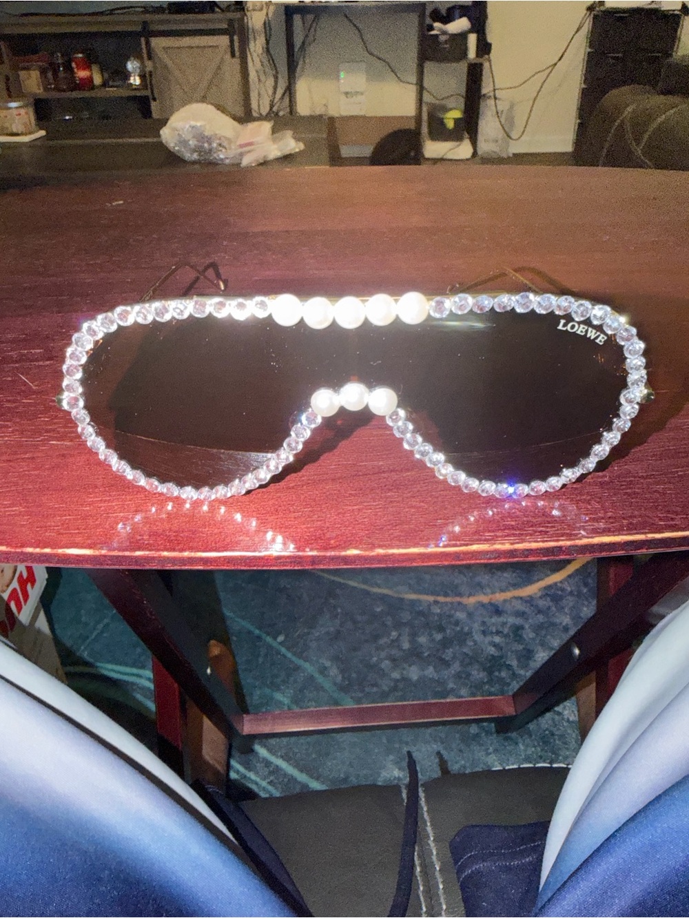 Loewe Black Shield Sunglasses with Crystal and Pearl Trim (violet case)